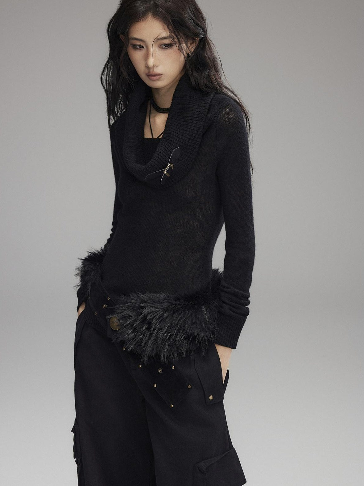 Low pixel Wool Blend Pullover Loose Fit Commuter Boat Neck Black Knit Sweaters