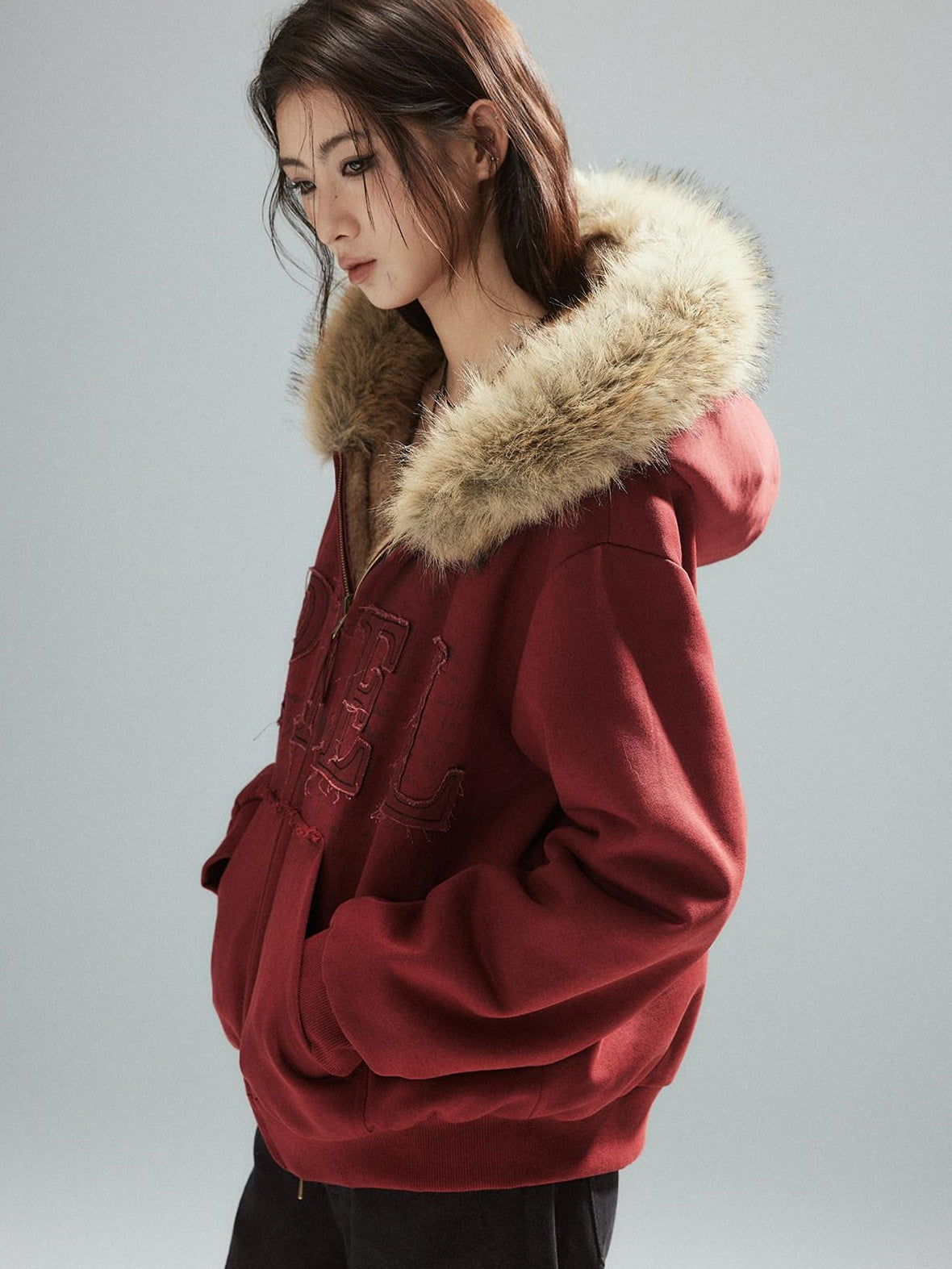 Low pixel Thick Warm 100 Percent Cotton Street Loose Fit Zip Up Women Red Oversized Hoodie