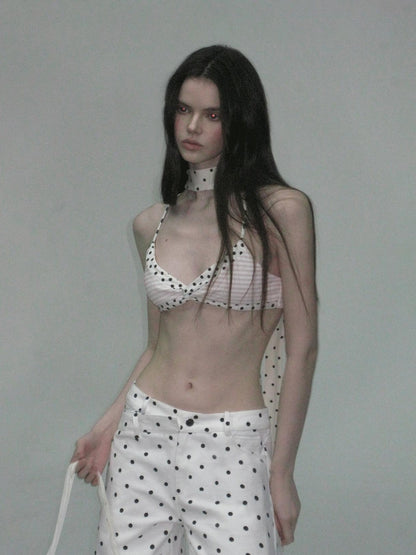The NeverMore Padded Polka Dot Slim Fit Cropped Round Neck Womens Cotton Blend Camisoles