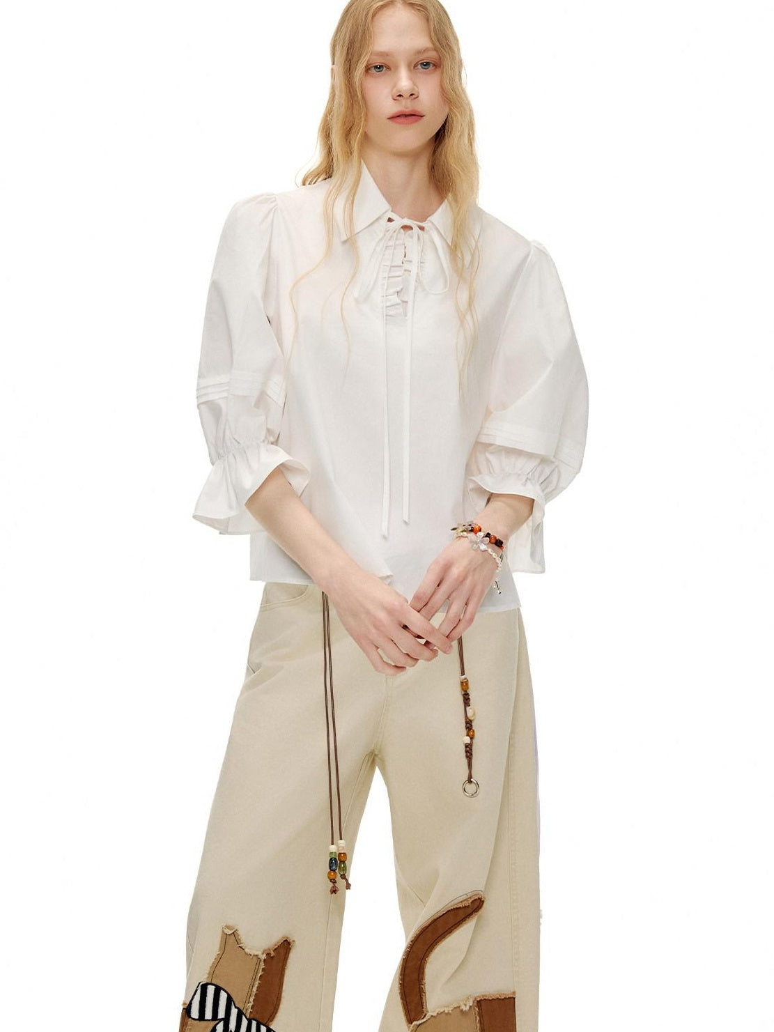OuttheBlue Lightweight Cotton Lyocell High Waist Tie Casual Puff Sleeves Women Blouses