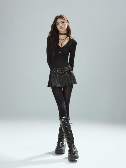Low pixel Soft Lyocell Stretch Slim Urban Panel V-neck Black Long Sleeve Crop Tops