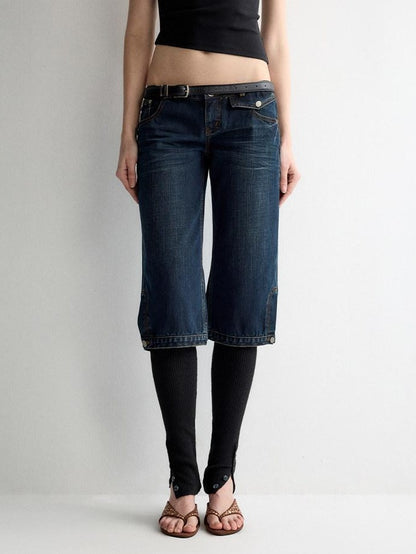 RUN TO THE FUTURE Durable Vintage Deep Blue Casual Low Rise Straight Fit Zipper Denim Shorts