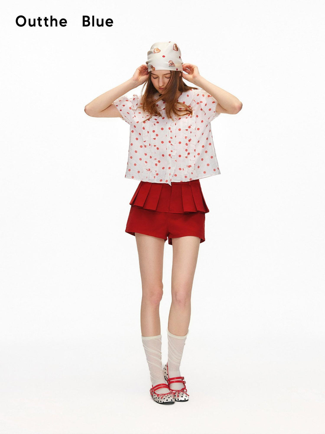 OuttheBlue Waist Cinch Ruffle Casual Puff Sleeve Doll Collar Polka Dot Women Shirts