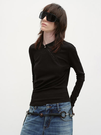 RUN TO THE FUTURE Zip Front Polo Slim Fit Classic Black Stretch Blend Long Sleeve T-Shirts