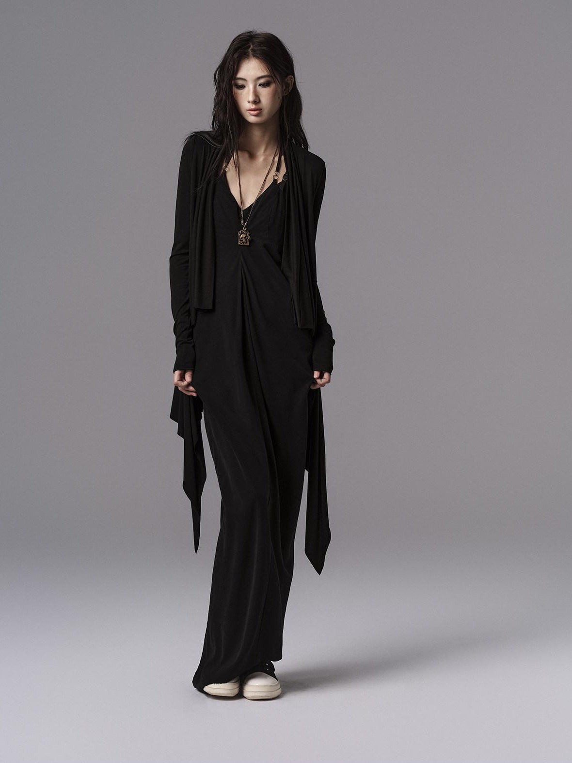 Low pixel Pure Cupro Slim Fit Dark Gothic Vneck Camisole Women Black Zip Back Maxi Dresses