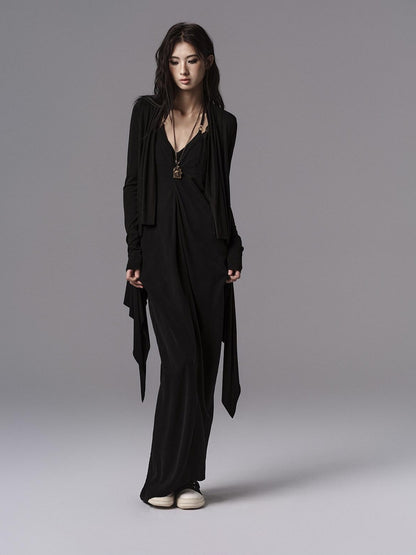 Low pixel Pure Cupro Slim Fit Dark Gothic Vneck Camisole Women Black Zip Back Maxi Dresses