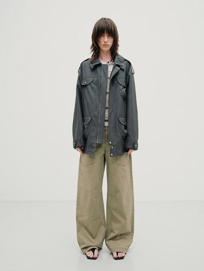 RUN TO THE FUTURE Washed Cotton Khaki Cargo Pockets Loose Mid Rise Zip Fly Casual Straight Pants