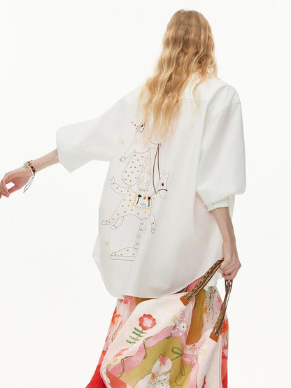 OuttheBlue Soft Lyocell Cotton Loose Mid Length Long Sleeve Embroidered Back Women Blouses