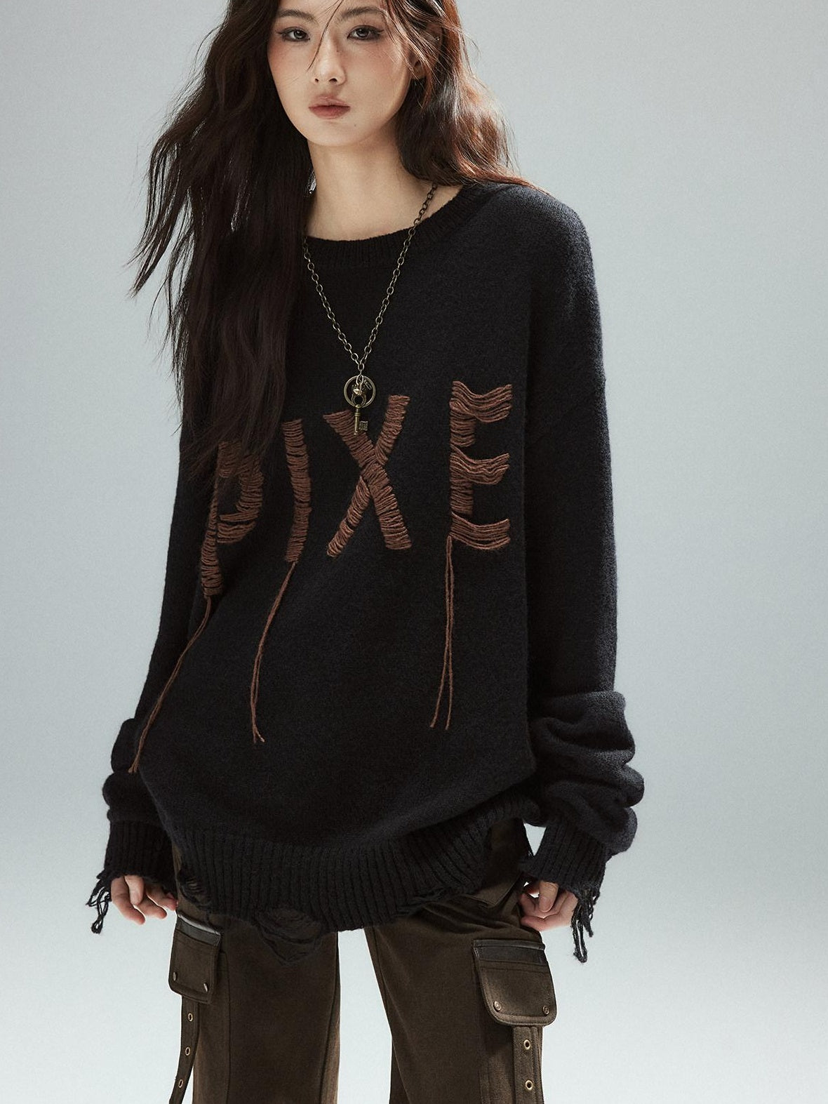 Low pixel Warm Oversized Street Style Distressed Hem Women Black Knit Pullover Sweaters