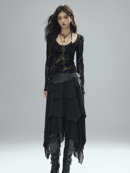 Low pixel Sexy Low Waist Asymmetrical A Line Zipper Black Woven Polyester Midi Skirts