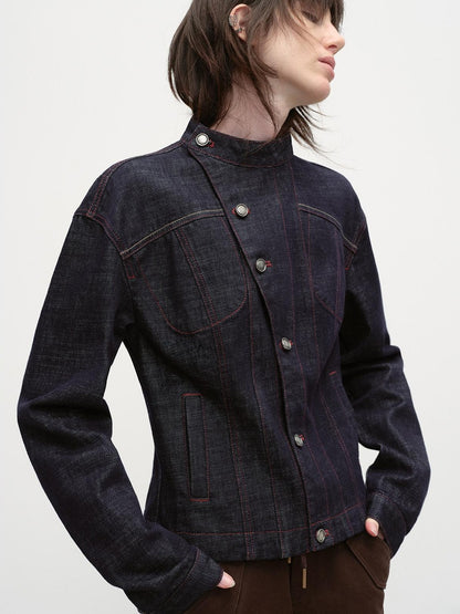 RUN TO THE FUTURE Vintage Asymmetric Fitted Waist Unisex Dark Indigo Cotton Button Denim Jackets