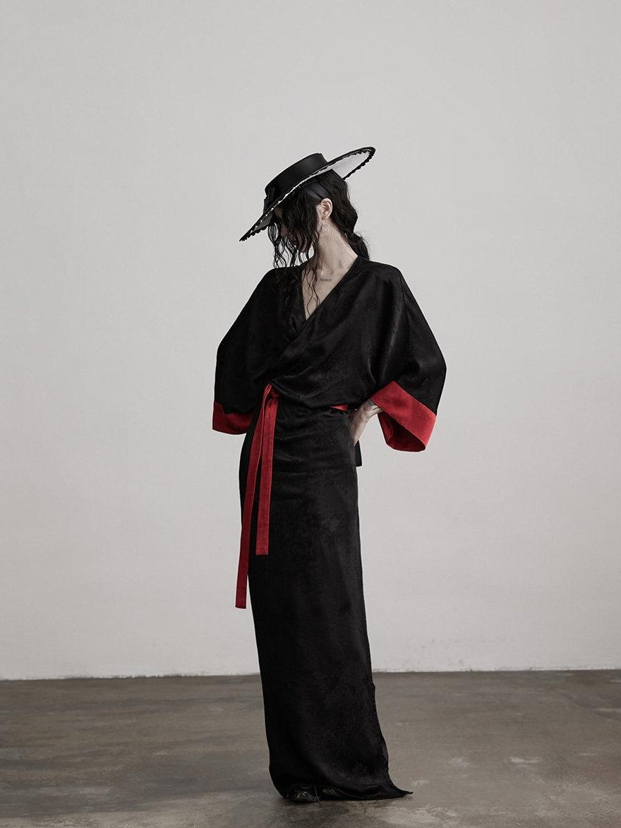 INDULGE Gothic V-neck Viscose Flared Loose Casual Womens Black Trench Coats