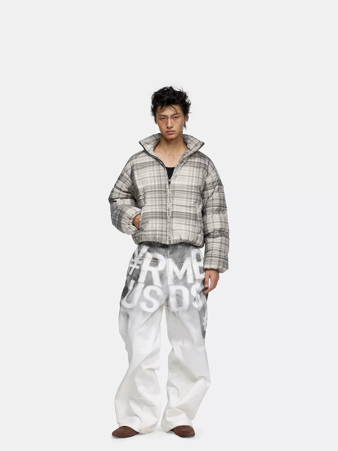 24ans 90 Percent Down High Fill Warm Punk Gray Plaid Stand Collar Zipper Down Jacket-2