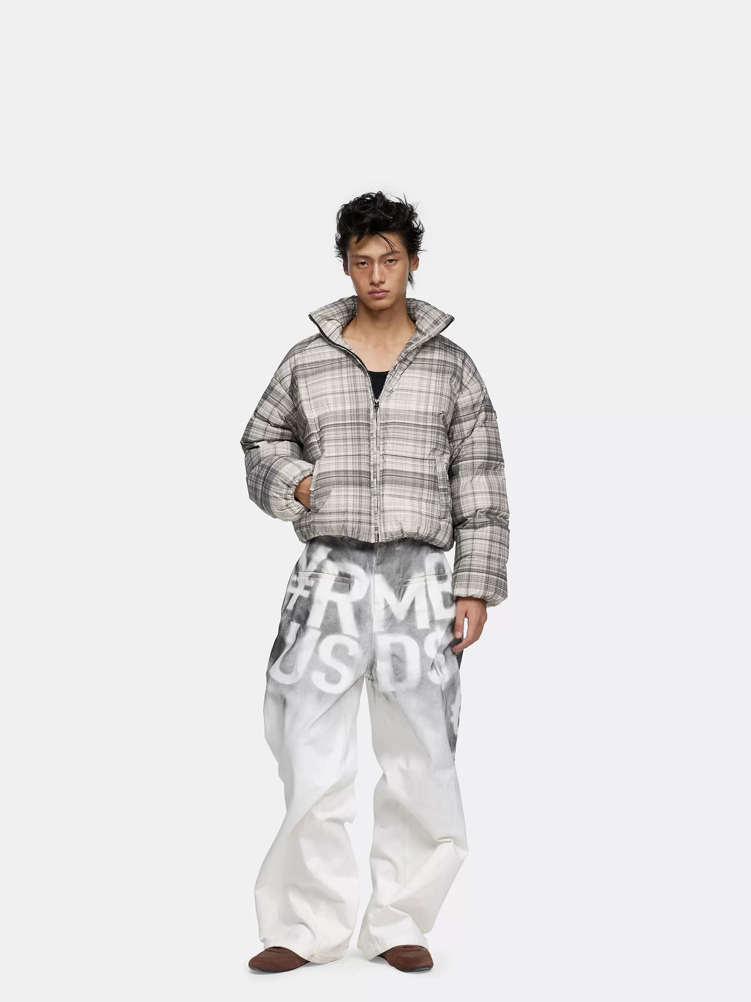 24ans 90 Percent Down High Fill Warm Punk Gray Plaid Stand Collar Zipper Down Jacket-2