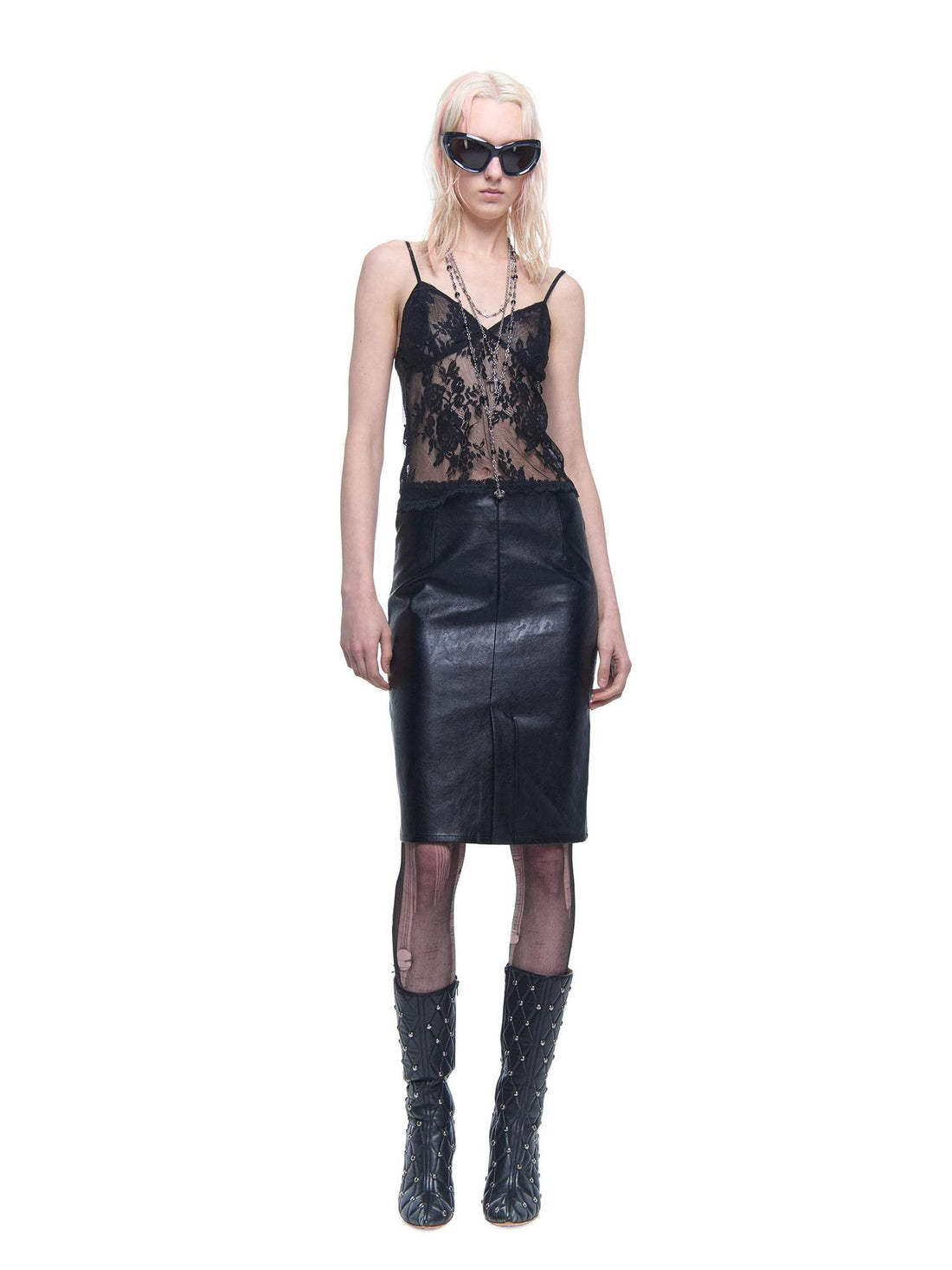 24ans AI Print Texture Structured Leather Trimmed Skirt
