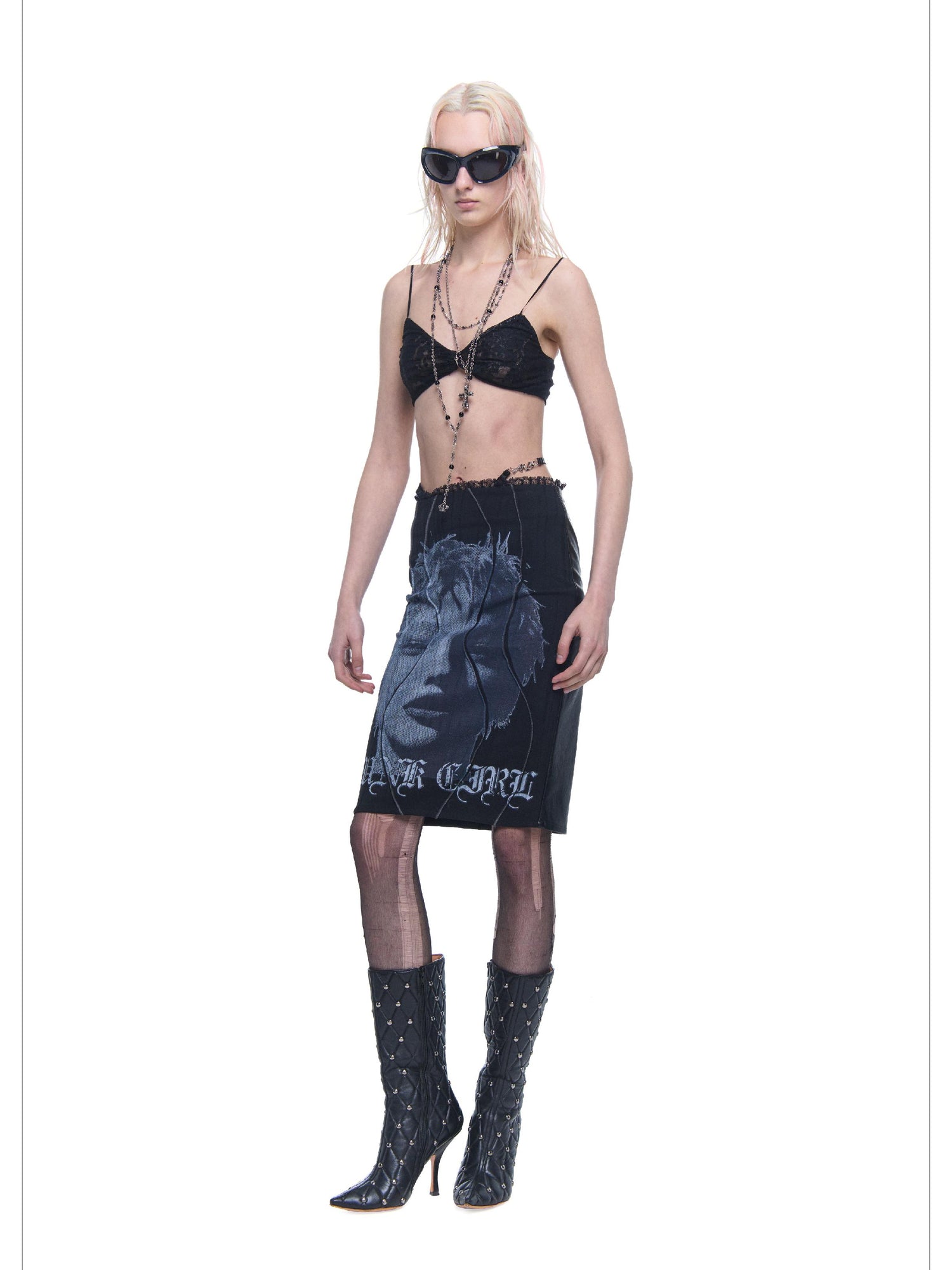 24ans AI Print Texture Structured Leather Trimmed Skirt