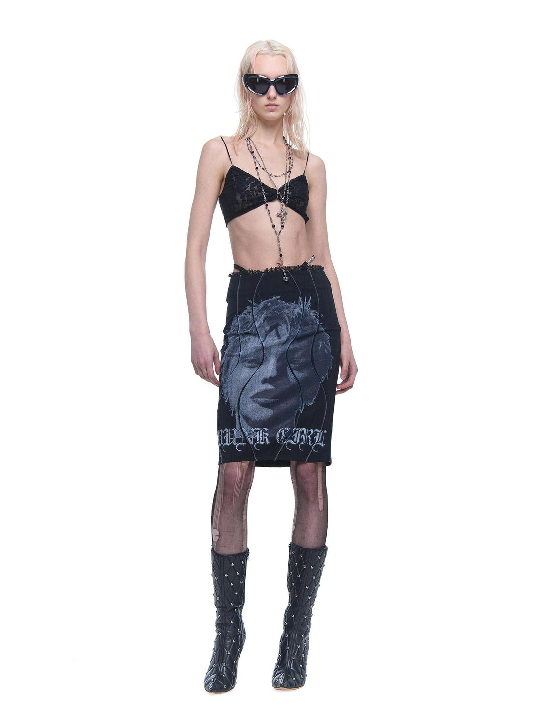 24ans AI Print Texture Structured Leather Trimmed Skirt
