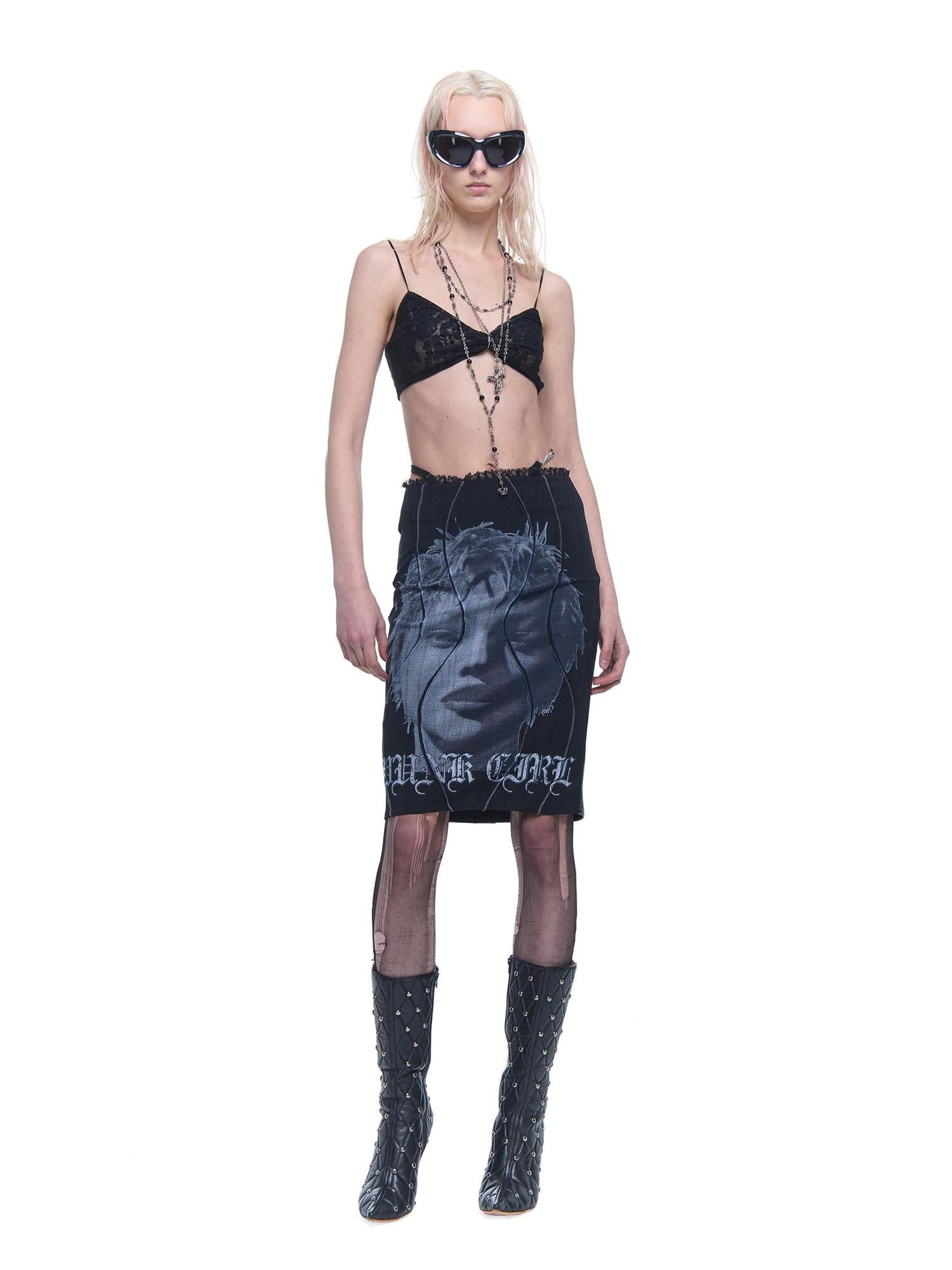 24ans AI Print Texture Structured Leather Trimmed Skirt