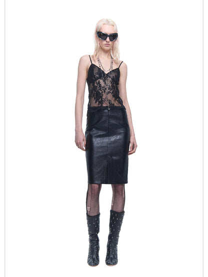 24ans AI Print Texture Structured Leather Trimmed Skirt