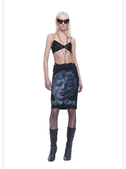 24ans AI Print Texture Structured Leather Trimmed Skirt