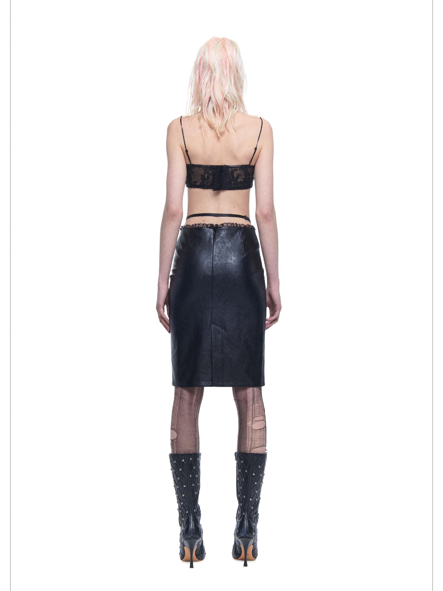 24ans AI Print Texture Structured Leather Trimmed Skirt