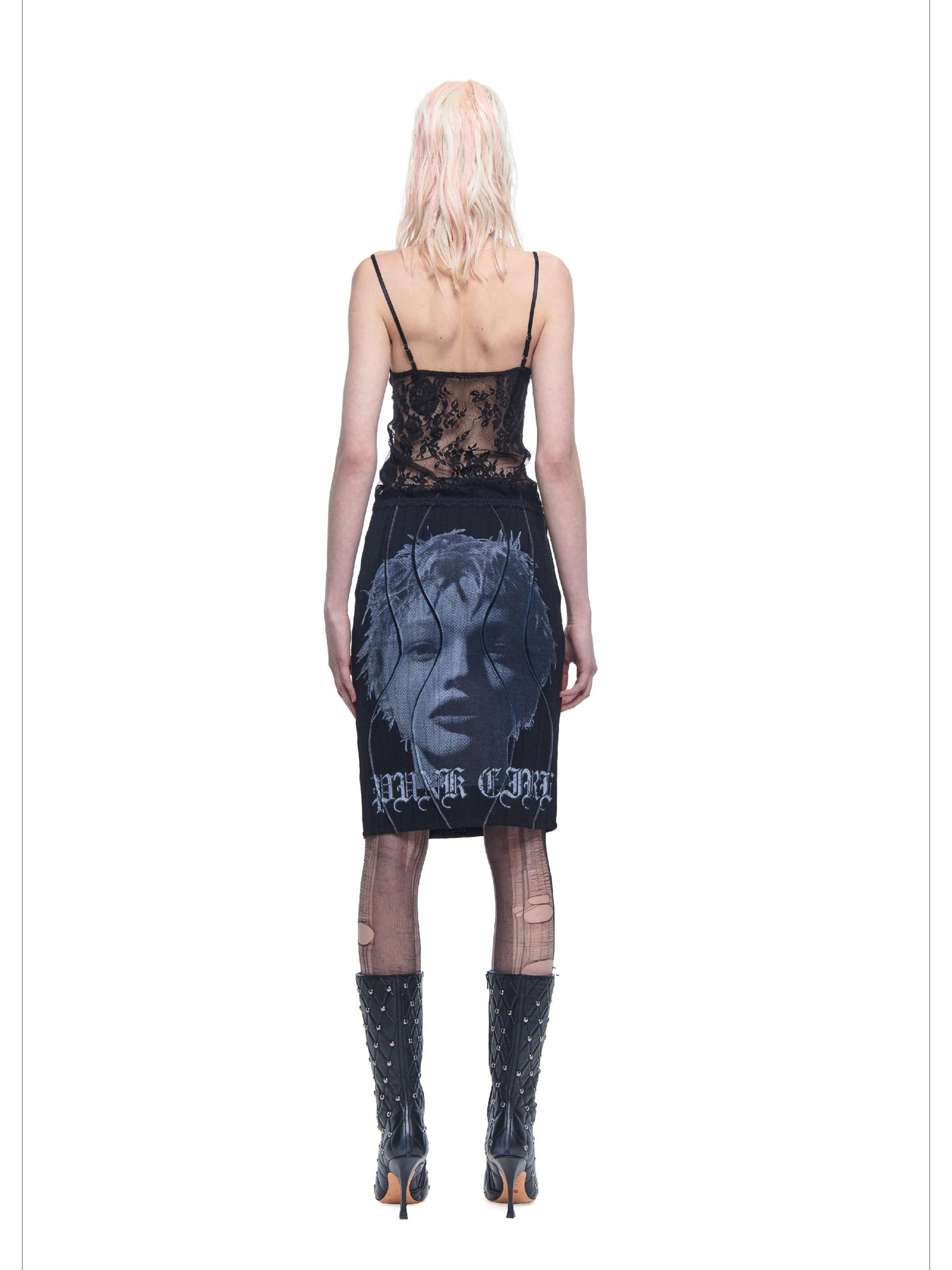 24ans AI Print Texture Structured Leather Trimmed Skirt