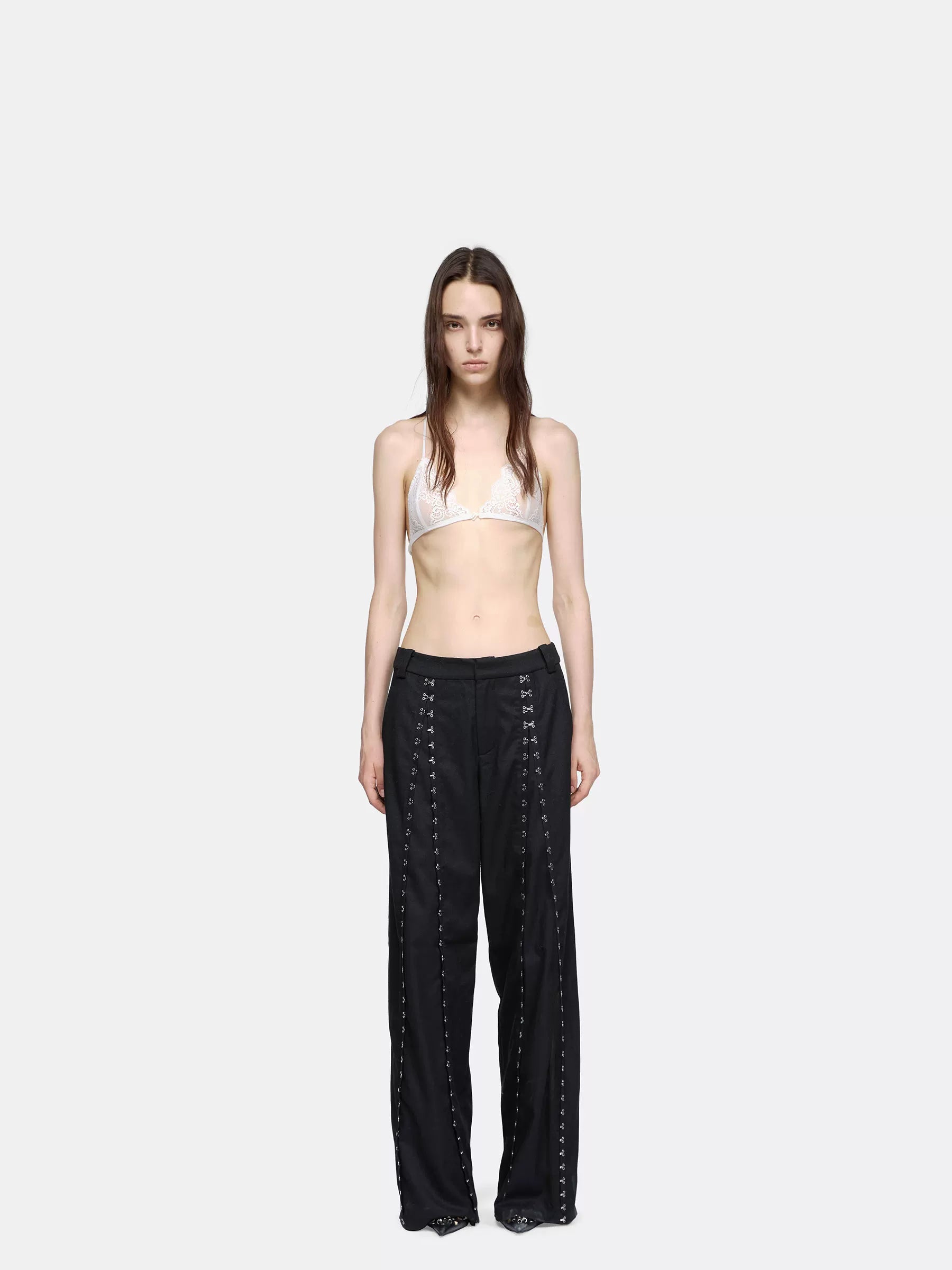 24ans Adjustable Button Fly Black Punk Natural Waist Womens Polyester Wool Blend Pants-1
