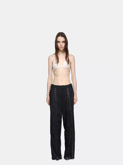 24ans Adjustable Button Fly Black Punk Natural Waist Womens Polyester Wool Blend Pants-1