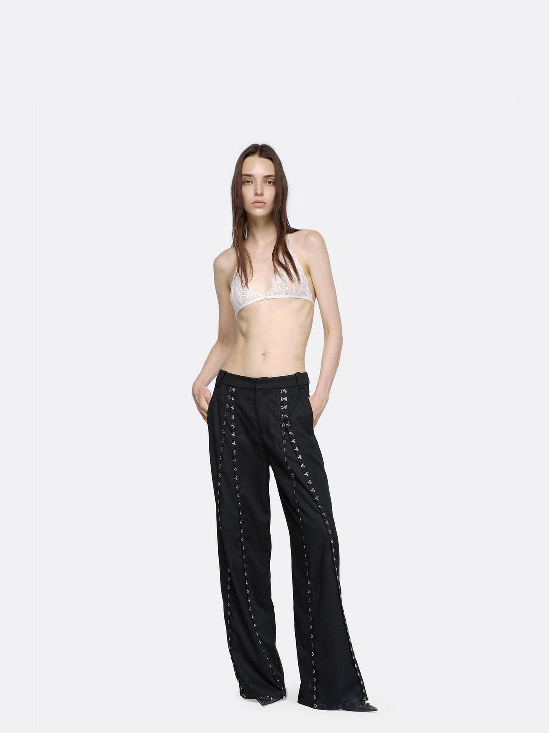 24ans Adjustable Button Fly Black Punk Natural Waist Womens Polyester Wool Blend Pants