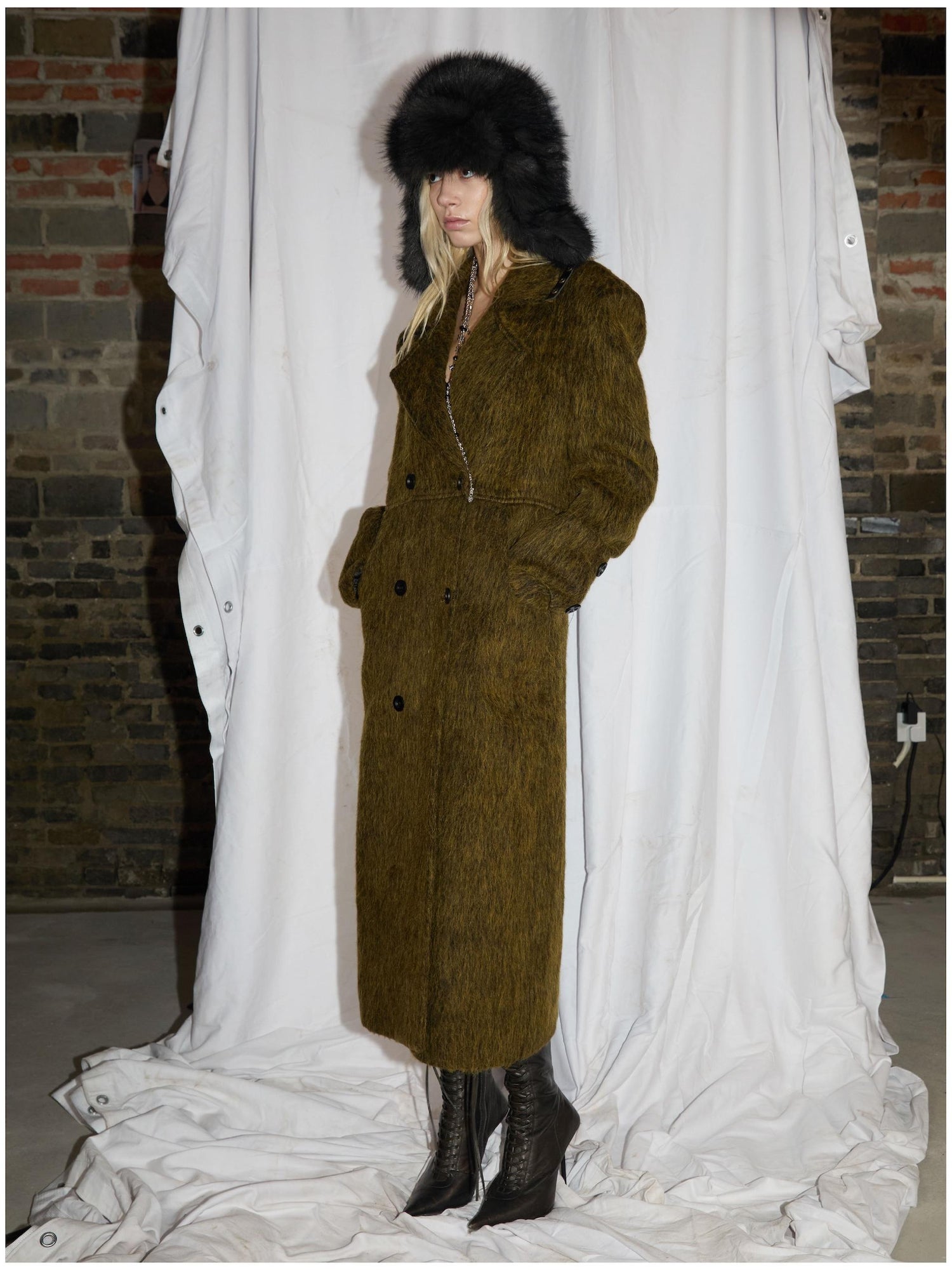 24ans Alpaca Wool Blend Scarf Collar Overcoat