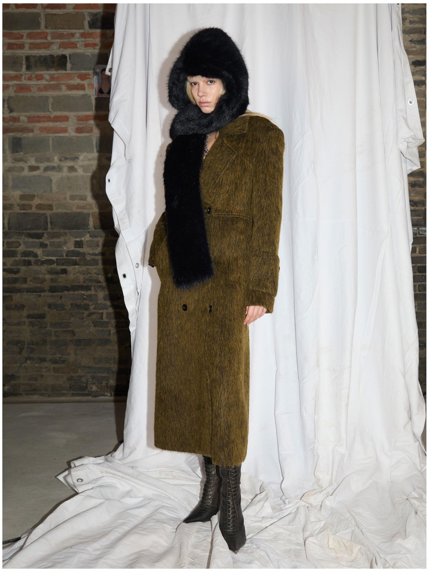 24ans Alpaca Wool Blend Scarf Collar Overcoat
