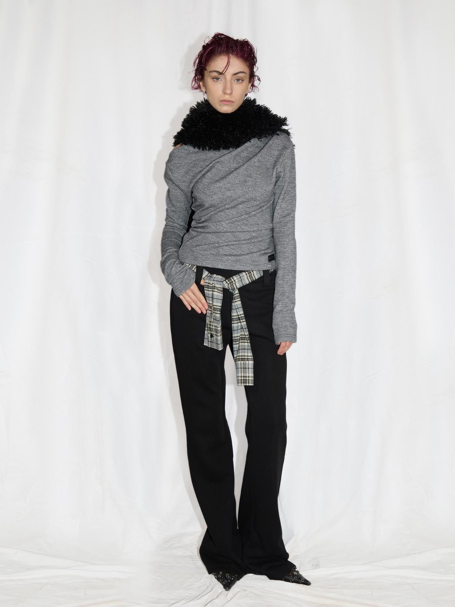 24ans Anti Pill Twist Asymmetrical Layering Top Black Grey