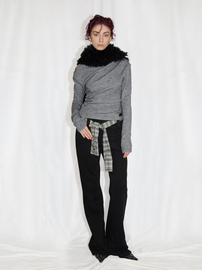 24ans Anti Pill Twist Asymmetrical Layering Top Black Grey