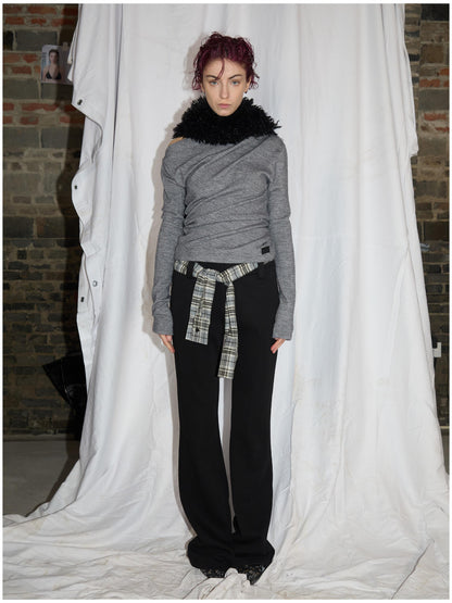 24ans Anti Pill Twist Asymmetrical Layering Top Black Grey