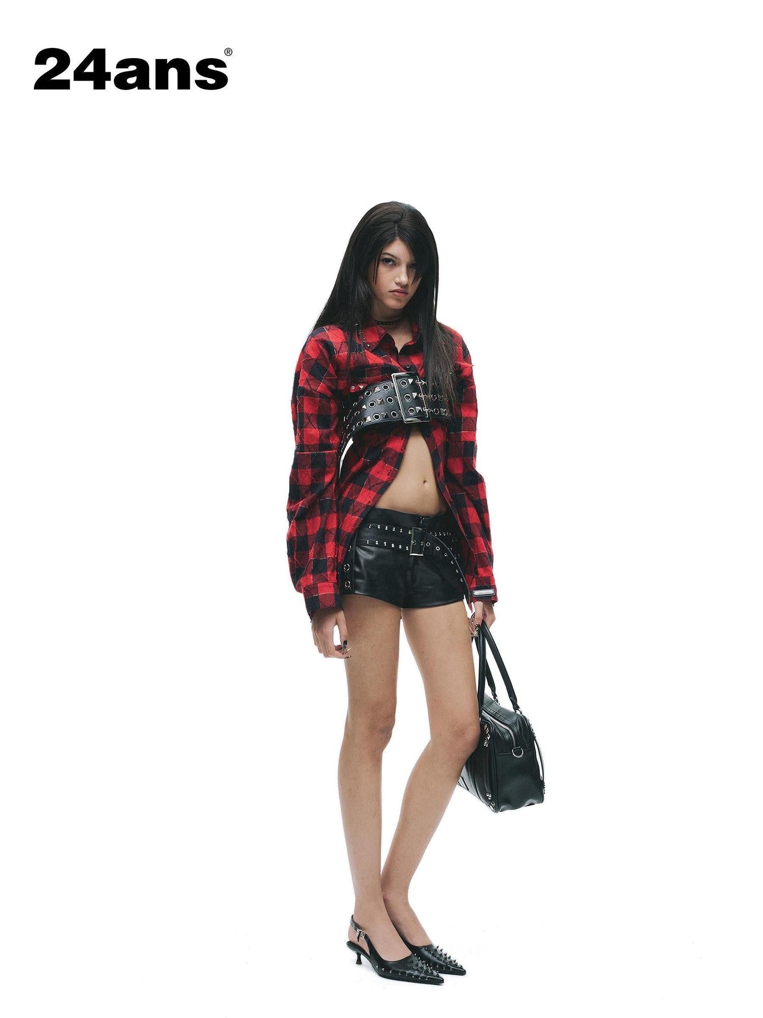 24ans Anti Wrinkle Pure Cotton Loose Punk Plaid Longline Drop Shoulder Unisex Shirts