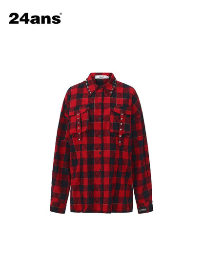 24ans Anti Wrinkle Pure Cotton Loose Punk Plaid Longline Drop Shoulder Unisex Shirts
