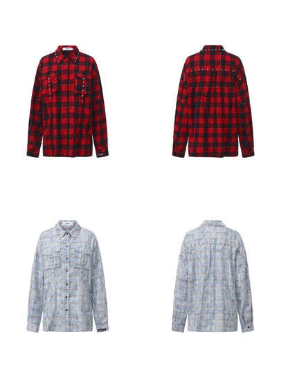 24ans Anti Wrinkle Pure Cotton Loose Punk Plaid Longline Drop Shoulder Unisex Shirts