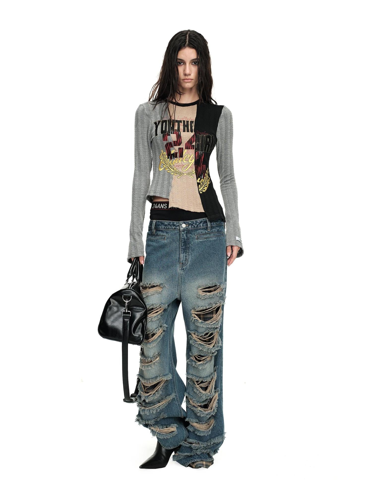 24ans Asymmetric Knit Layering Top V Neck T Shirt Long Sleeve