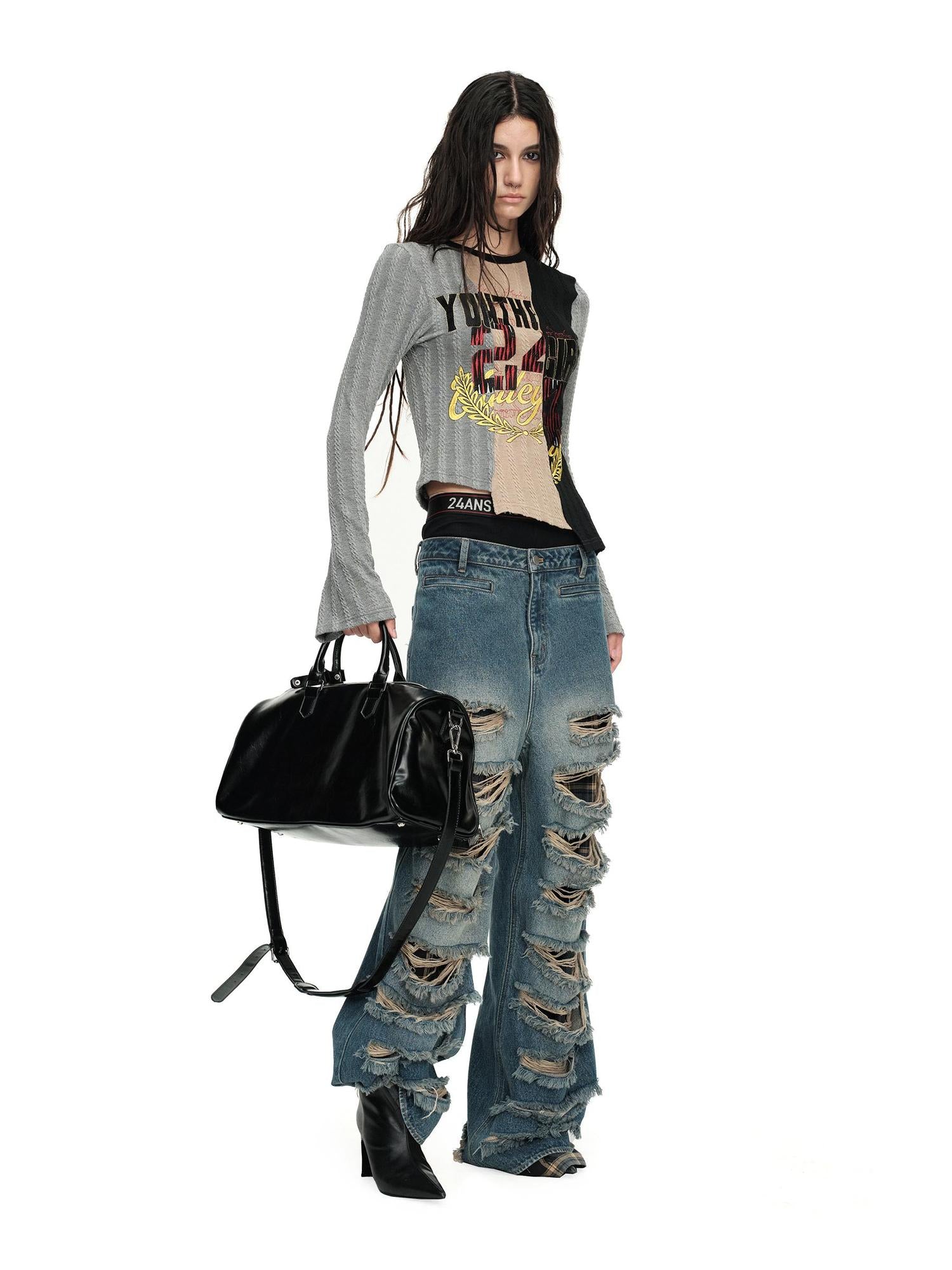 24ans Asymmetric Knit Layering Top V Neck T Shirt Long Sleeve