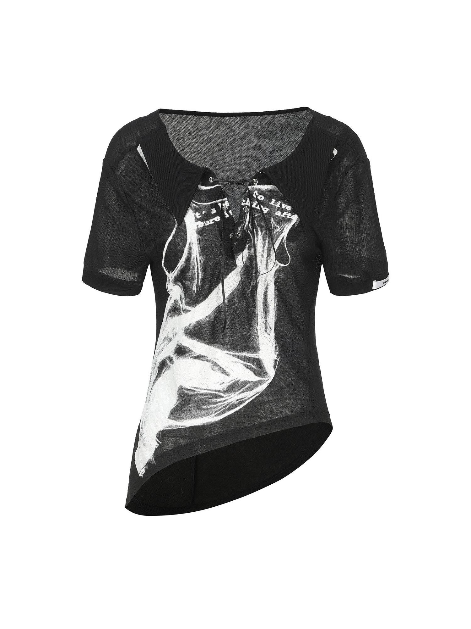 24ans Asymmetric Tie Hand Drawn Print Henley Women&