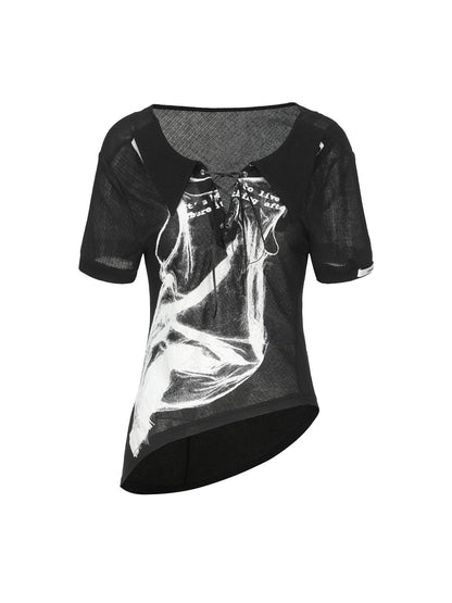 24ans Asymmetric Tie Hand Drawn Print Henley Women&