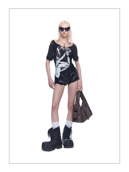 24ans Asymmetric Tie Hand Drawn Print Henley Women&