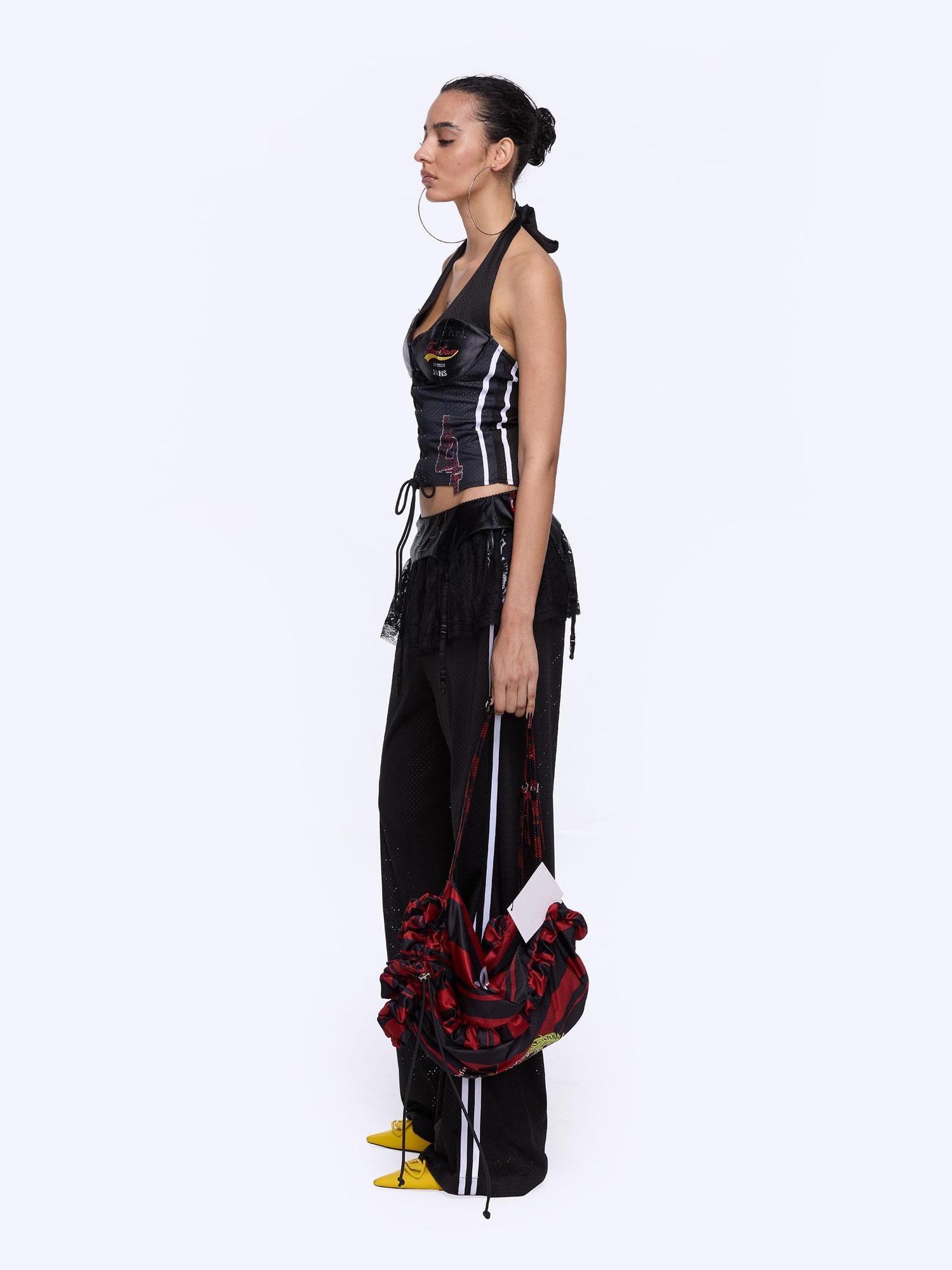24ans Asymmetrical Graphic Print Adjustable Mesh Halter Top