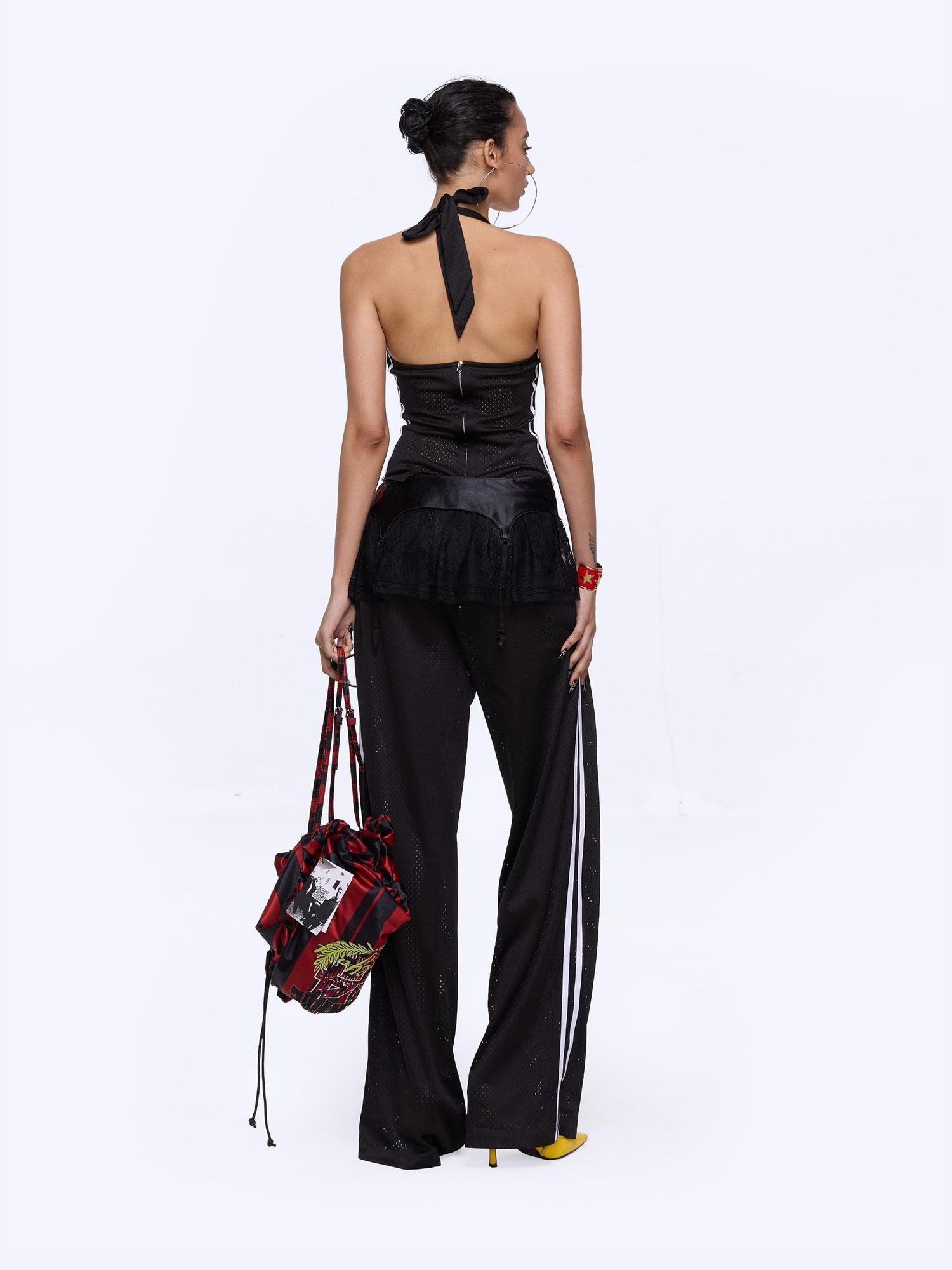24ans Asymmetrical Graphic Print Adjustable Mesh Halter Top