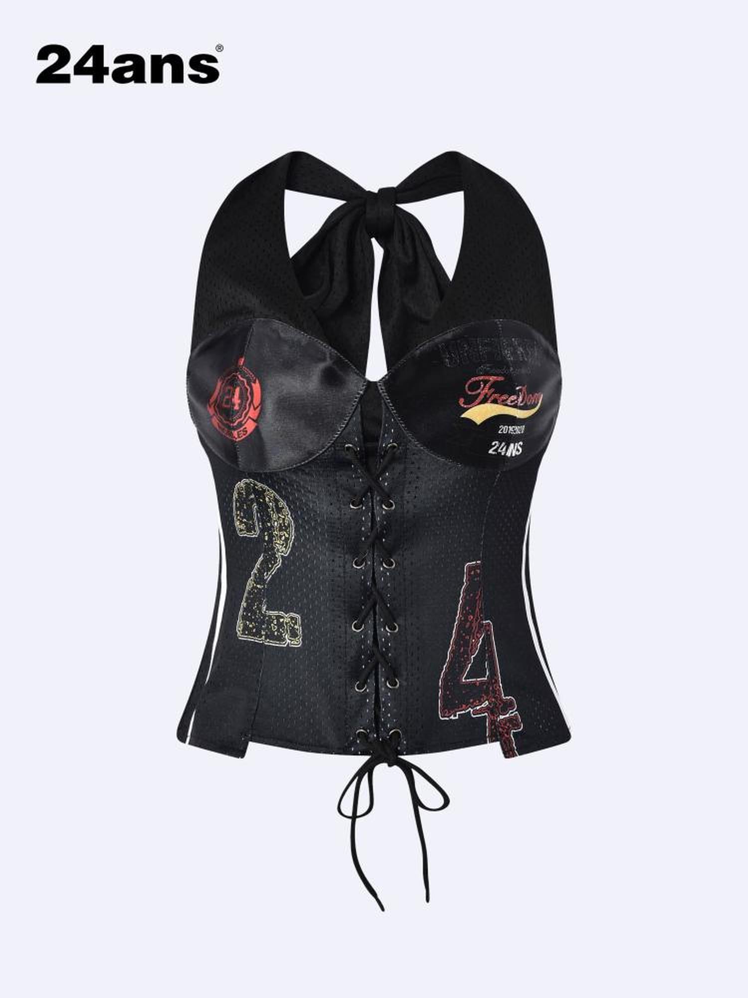24ans Asymmetrical Graphic Print Adjustable Mesh Halter Top