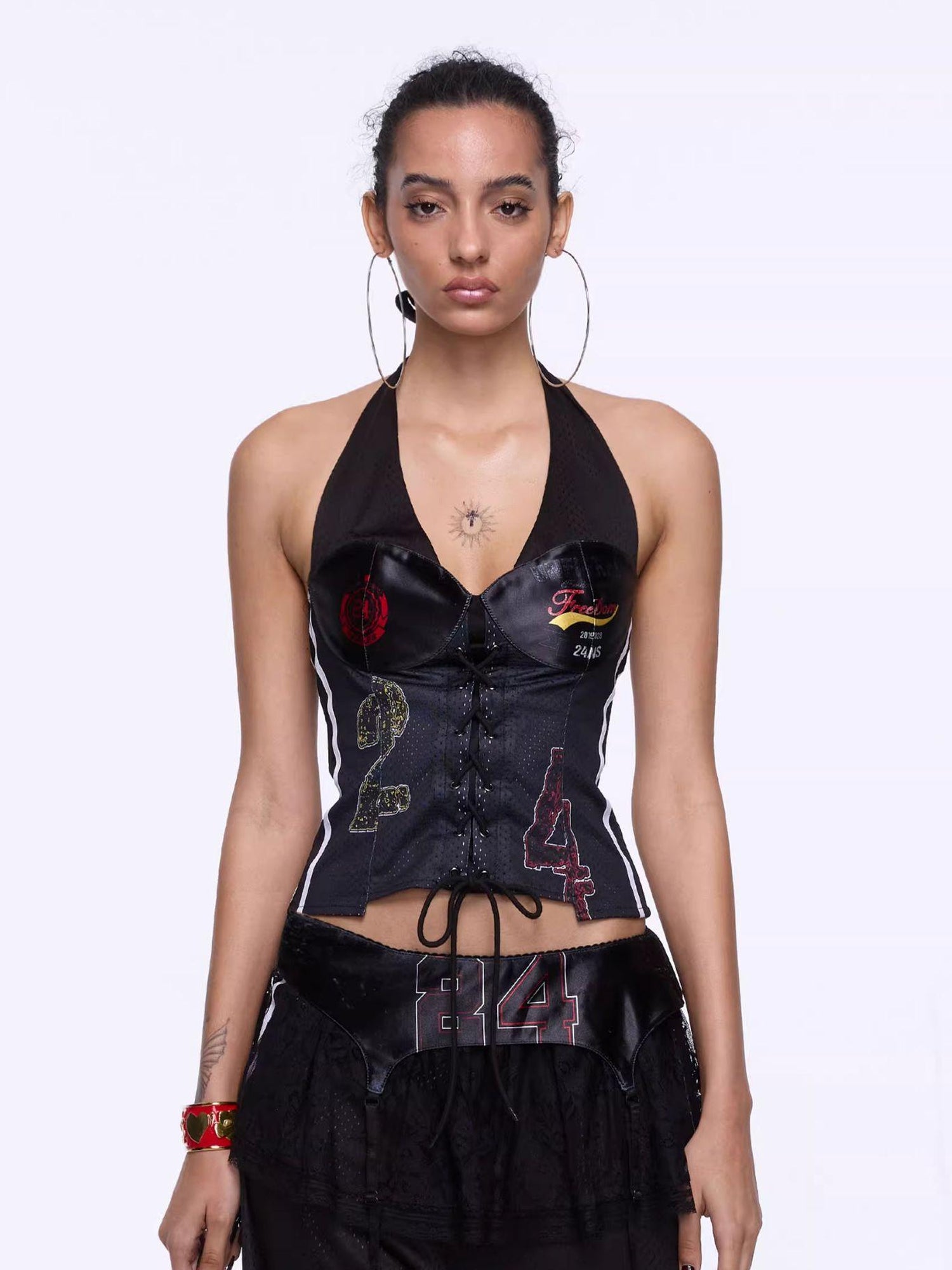 24ans Asymmetrical Graphic Print Adjustable Mesh Halter Top