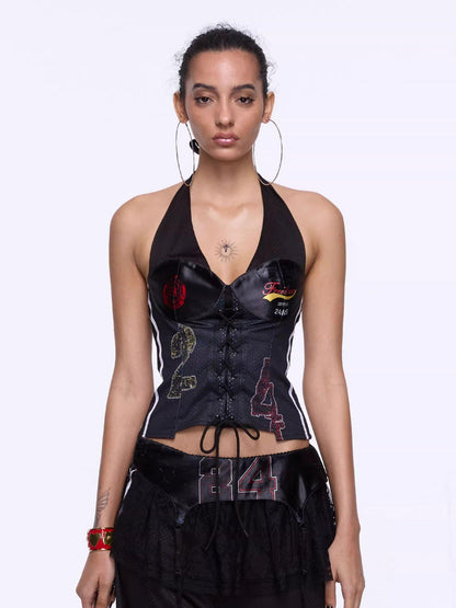 24ans Asymmetrical Graphic Print Adjustable Mesh Halter Top