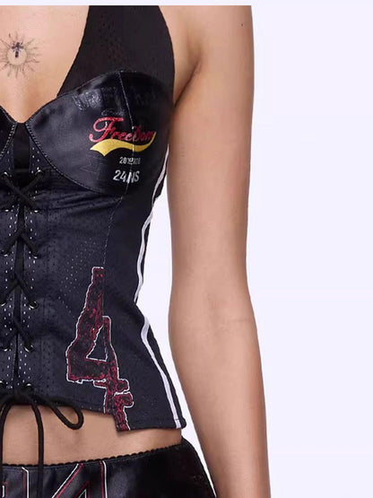 24ans Asymmetrical Graphic Print Adjustable Mesh Halter Top