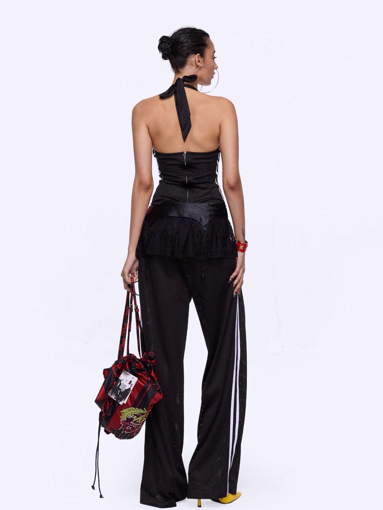 24ans Asymmetrical Graphic Print Adjustable Mesh Halter Top