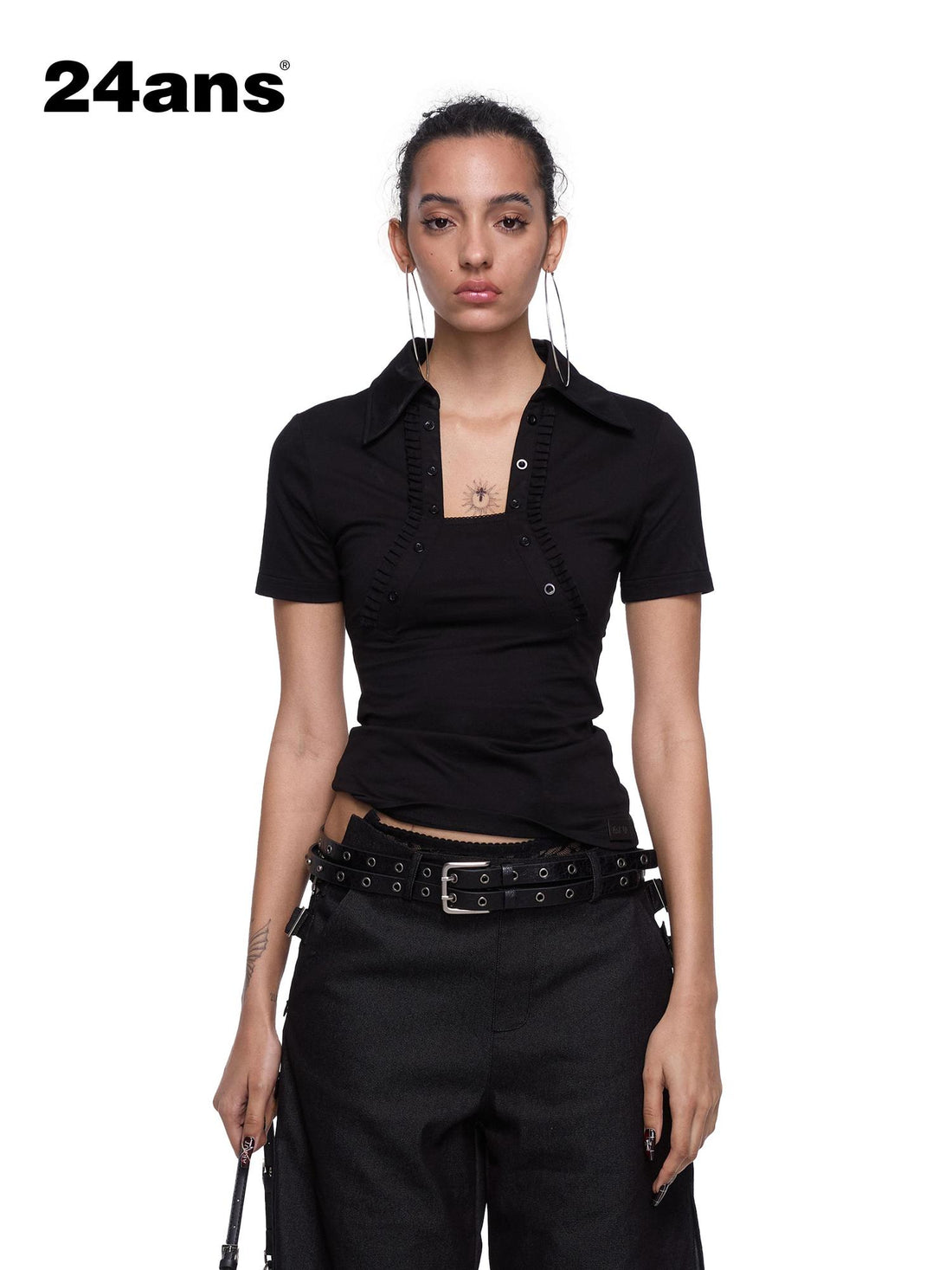 24ans Back Cutout Lettering Print Polo Collar Laced Short Sleeve T-Shirt